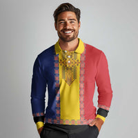 Romania National Flag Day 26th June Long Sleeve Polo Shirt Red Traditional Embroidery Patterns