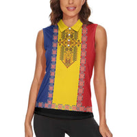 Romania National Flag Day 26th June Women Sleeveless Polo Shirt Red Traditional Embroidery Patterns