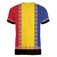 Romania National Flag Day 26th June Women V-Neck T-Shirt Red Traditional Embroidery Patterns