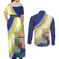 Personalized Curacao Coat of Arms Couples Matching Off Shoulder Maxi Dress and Long Sleeve Button Shirt Map Flag Style