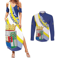 Personalized Curacao Coat of Arms Couples Matching Summer Maxi Dress and Long Sleeve Button Shirt Map Flag Style