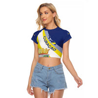 Personalized Curacao Coat of Arms Raglan Cropped T Shirt Map Flag Style