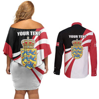 Personalized Danmark Coat of Arms Couples Matching Off Shoulder Short Dress and Long Sleeve Button Shirt Denmark Three Pale Blue Lions