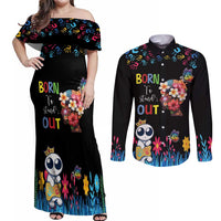 Born to Stand Out Autism Awareness Couples Matching Off Shoulder Maxi Dress and Long Sleeve Button Shirt Brain Mind and Yippee!