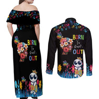 Born to Stand Out Autism Awareness Couples Matching Off Shoulder Maxi Dress and Long Sleeve Button Shirt Brain Mind and Yippee!