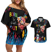 Born to Stand Out Autism Awareness Couples Matching Off Shoulder Short Dress and Hawaiian Shirt Brain Mind and Yippee!