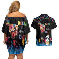 Born to Stand Out Autism Awareness Couples Matching Off Shoulder Short Dress and Hawaiian Shirt Brain Mind and Yippee!
