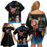 Born to Stand Out Autism Awareness Family Matching Off Shoulder Short Dress and Hawaiian Shirt Brain Mind and Yippee!