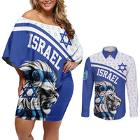 Personalized Israel Lion of Judah Couples Matching Off Shoulder Short Dress and Long Sleeve Button Shirt Flag and Coat of arms