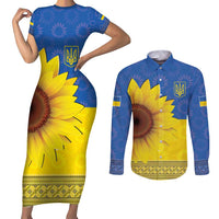Ukraine National Flag Day Couples Matching Short Sleeve Bodycon Dress and Long Sleeve Button Shirt 23 August with Sunflower