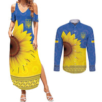Ukraine National Flag Day Couples Matching Summer Maxi Dress and Long Sleeve Button Shirt 23 August with Sunflower