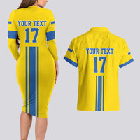 Custom Ukraine Football Couples Matching Long Sleeve Bodycon Dress and Hawaiian Shirt Yellow Style
