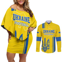 Custom Ukraine Football Couples Matching Off Shoulder Short Dress and Long Sleeve Button Shirt Yellow Style