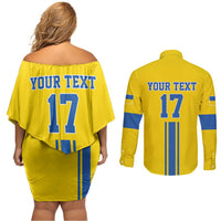 Custom Ukraine Football Couples Matching Off Shoulder Short Dress and Long Sleeve Button Shirt Yellow Style