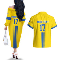 Custom Ukraine Football Couples Matching Off The Shoulder Long Sleeve Dress and Hawaiian Shirt Yellow Style