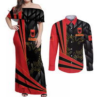 Custom Albania Football We are Champions Couples Matching Off Shoulder Maxi Dress and Long Sleeve Button Shirt Sporty Style with The Double-headed eagle