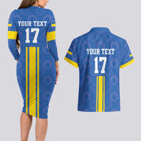 Custom Ukraine Football Couples Matching Long Sleeve Bodycon Dress and Hawaiian Shirt Blue Style