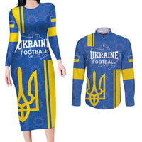 Custom Ukraine Football Couples Matching Long Sleeve Bodycon Dress and Long Sleeve Button Shirt Blue Style