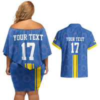 Custom Ukraine Football Couples Matching Off Shoulder Short Dress and Hawaiian Shirt Blue Style