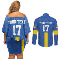 Custom Ukraine Football Couples Matching Off Shoulder Short Dress and Long Sleeve Button Shirt Blue Style