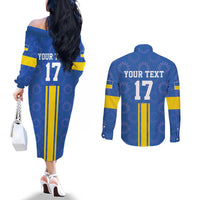 Custom Ukraine Football Couples Matching Off The Shoulder Long Sleeve Dress and Long Sleeve Button Shirt Blue Style