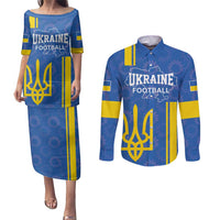 Custom Ukraine Football Couples Matching Puletasi and Long Sleeve Button Shirt Blue Style