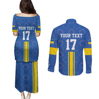 Custom Ukraine Football Couples Matching Puletasi and Long Sleeve Button Shirt Blue Style