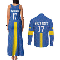 Custom Ukraine Football Couples Matching Tank Maxi Dress and Long Sleeve Button Shirt Blue Style