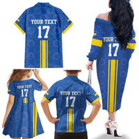 Custom Ukraine Football Family Matching Off The Shoulder Long Sleeve Dress and Hawaiian Shirt Blue Style