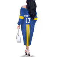 Custom Ukraine Football Family Matching Off The Shoulder Long Sleeve Dress and Hawaiian Shirt Blue Style