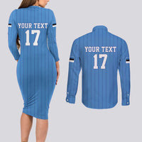 Custom Estonia Football Couples Matching Long Sleeve Bodycon Dress and Long Sleeve Button Shirt Retro Jersey Blue Version