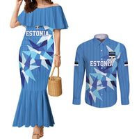 Custom Estonia Football Couples Matching Mermaid Dress and Long Sleeve Button Shirt Retro Jersey Blue Version