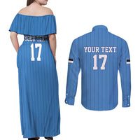 Custom Estonia Football Couples Matching Off Shoulder Maxi Dress and Long Sleeve Button Shirt Retro Jersey Blue Version
