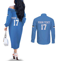 Custom Estonia Football Couples Matching Off The Shoulder Long Sleeve Dress and Long Sleeve Button Shirt Retro Jersey Blue Version