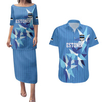 Custom Estonia Football Couples Matching Puletasi and Hawaiian Shirt Retro Jersey Blue Version
