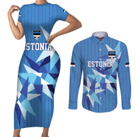 Custom Estonia Football Couples Matching Short Sleeve Bodycon Dress and Long Sleeve Button Shirt Retro Jersey Blue Version