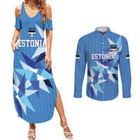 Custom Estonia Football Couples Matching Summer Maxi Dress and Long Sleeve Button Shirt Retro Jersey Blue Version