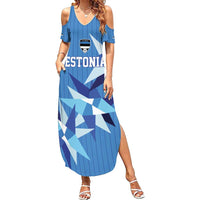 Custom Estonia Football Family Matching Summer Maxi Dress and Hawaiian Shirt Retro Jersey Blue Version