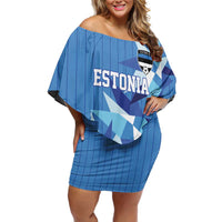 Custom Estonia Football Off Shoulder Short Dress Retro Jersey Blue Version
