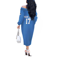 Custom Estonia Football Off The Shoulder Long Sleeve Dress Retro Jersey Blue Version