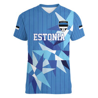 Custom Estonia Football Women V-Neck T-Shirt Retro Jersey Blue Version