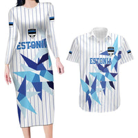 Custom Estonia Football Couples Matching Long Sleeve Bodycon Dress and Hawaiian Shirt Retro Jersey White Version