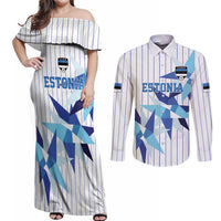 Custom Estonia Football Couples Matching Off Shoulder Maxi Dress and Long Sleeve Button Shirt Retro Jersey White Version