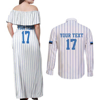 Custom Estonia Football Couples Matching Off Shoulder Maxi Dress and Long Sleeve Button Shirt Retro Jersey White Version