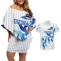 Custom Estonia Football Couples Matching Off Shoulder Short Dress and Hawaiian Shirt Retro Jersey White Version