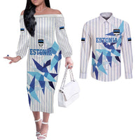 Custom Estonia Football Couples Matching Off The Shoulder Long Sleeve Dress and Long Sleeve Button Shirt Retro Jersey White Version