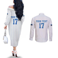 Custom Estonia Football Couples Matching Off The Shoulder Long Sleeve Dress and Long Sleeve Button Shirt Retro Jersey White Version