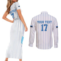 Custom Estonia Football Couples Matching Short Sleeve Bodycon Dress and Long Sleeve Button Shirt Retro Jersey White Version