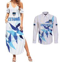 Custom Estonia Football Couples Matching Summer Maxi Dress and Long Sleeve Button Shirt Retro Jersey White Version