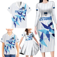 Custom Estonia Football Family Matching Long Sleeve Bodycon Dress and Hawaiian Shirt Retro Jersey White Version